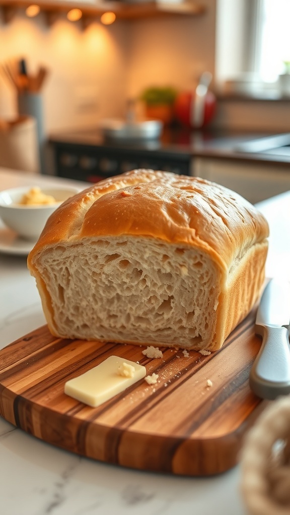 A golden brown loaf of sandwich bread sliced on a cutting board with butter and a knife.